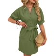 thumbnail image 6 of Women'S Solid Color Casual V-Neck Tie Waist Short Sleeve Dress Midi Summer Shift Dress Green S, 6 of 9