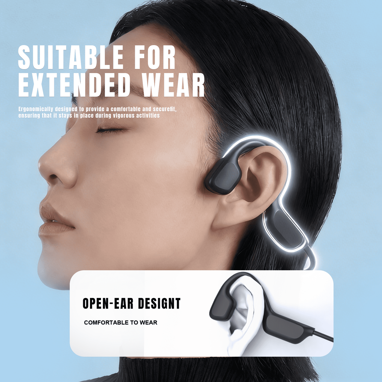 Bone conduction headphones, Bluetooth 6.0, 32GB memory, IPX8 waterproof, 8H battery life, magnetic charging for swimming, running, cycling.