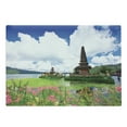 thumbnail image 1 of Balinese Cutting Board, Pura Ulun Danu Building Bali Tropic Flowers Water Plants Tower in Sea Scenery, Decorative Tempered Glass Cutting and Serving Board, Large Size, Green Pink Blue, by Ambesonne, 1 of 1