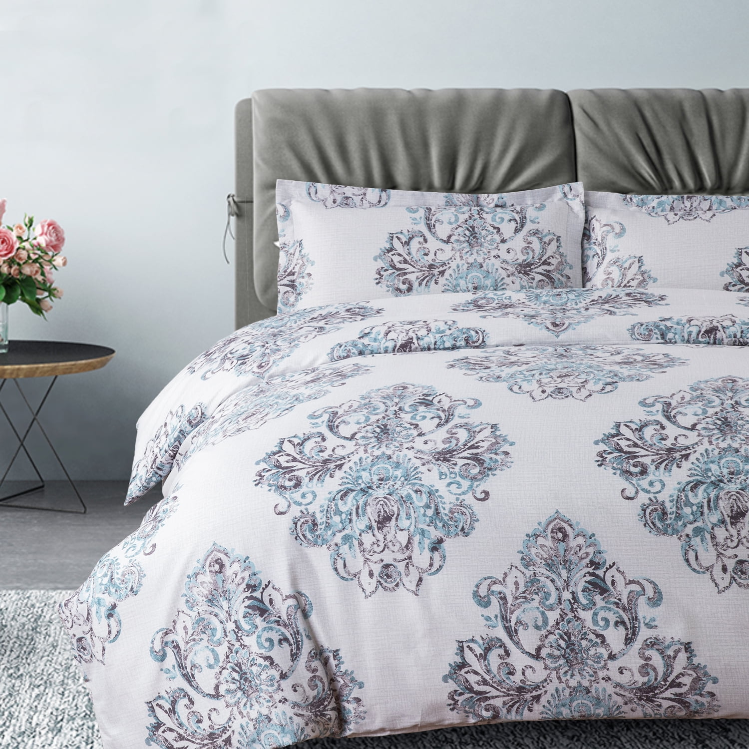 Vintage Reversible Duvet Cover Queen with Zipper 3 Piece Floral Gray