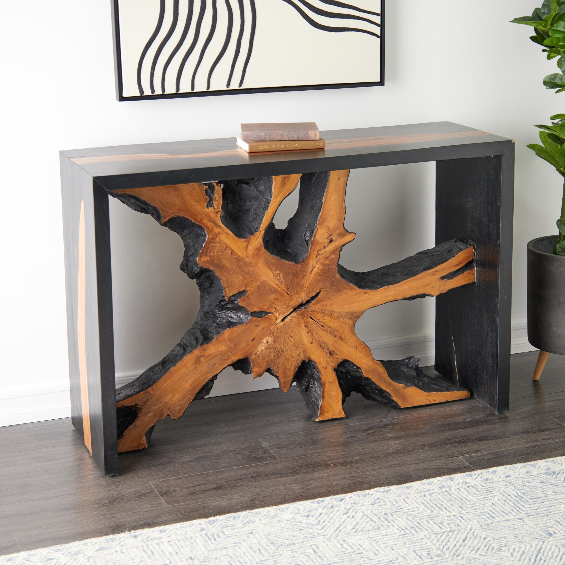 DecMode 48" x 32" Brown Teak Wood Handmade Console Table with Black Framing, 1-Piece