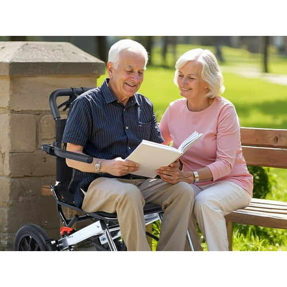 Adult Wheelchair, Lightweight Foldable Transport Wheelchair, 15.75-inch Wide Seat Portable Transport Chair, Shock-absorbing Load Capacity of 80KG, 12 inch Shock-absorbing Pump