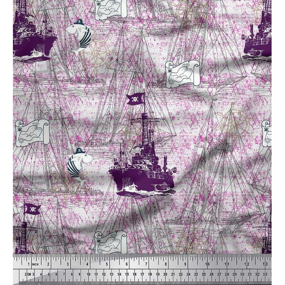 Soimoi Viscose Chiffon Fabric Fish & Ship Ocean Decor Fabric Printed Yard 42 Inch Wide