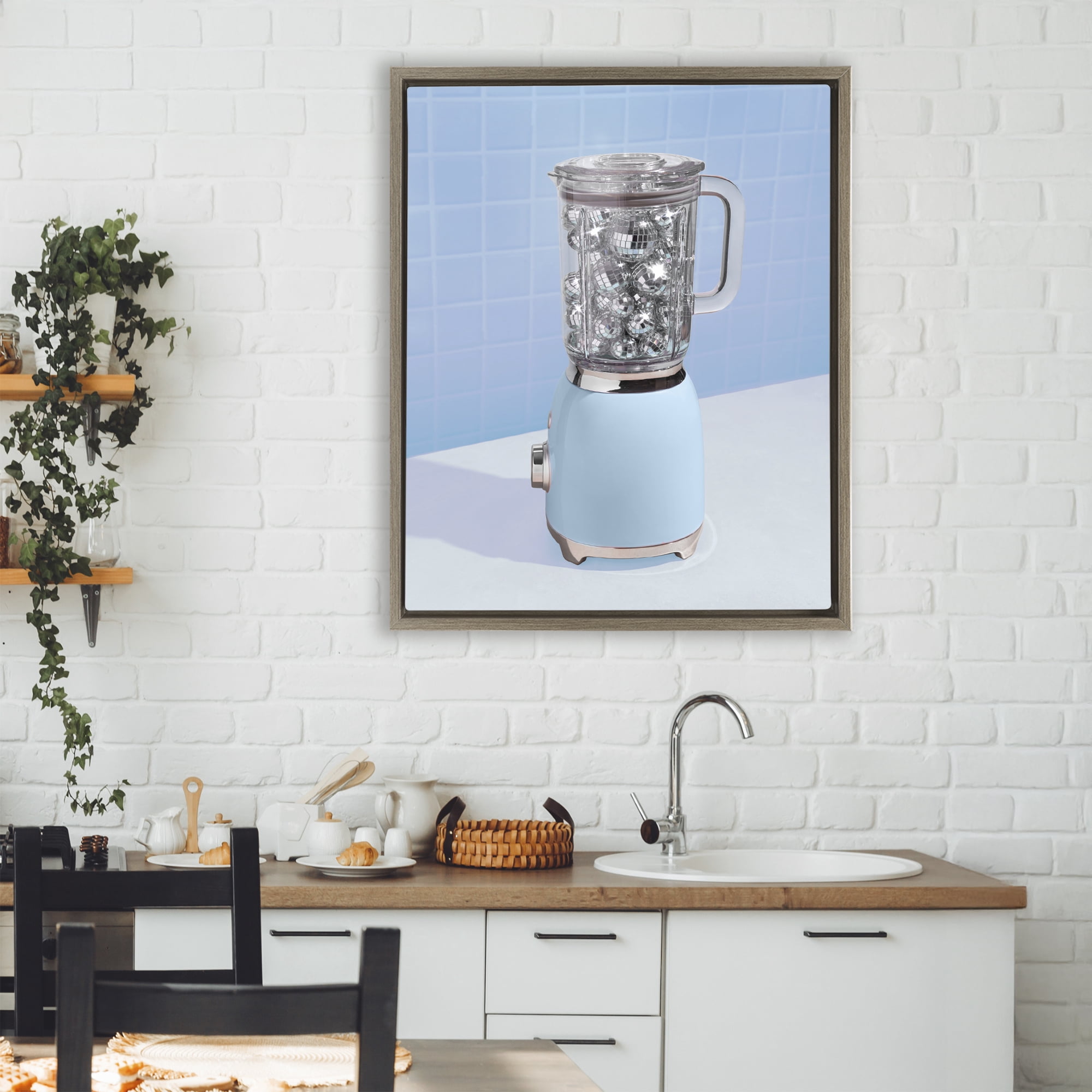 Stupell Industries Disco Drink Mixer over Blue Brown Framed Floater Canvas Wall Art, design by LISH Creative