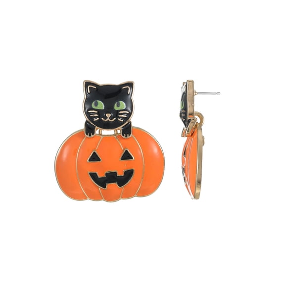 Way to Celebrate Jack-O-Lantern Cat Halloween Earrings, 1 Pair