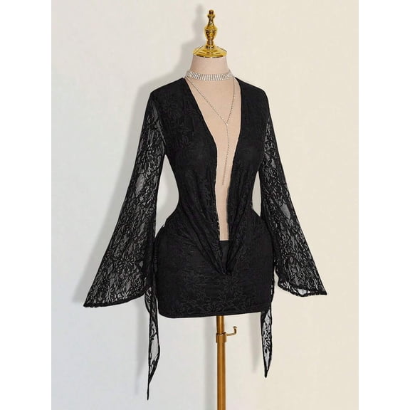 Black Lace Plunging V-Neck Mini Dress With Bell Sleeves And Tie Front Detail