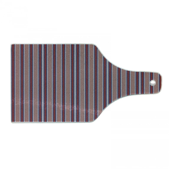 Stripes Cutting Board, Vertical Barcode Style Lines Arrangement Abstract Design Geometric Shapes, Tempered Glass Cutting and Serving Board, Wine Bottle Shape, Ruby Navy Blue Grey, by Ambesonne
