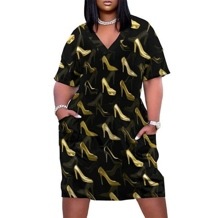 High Heels Golden Shoes pattern Loose Pocket Dress fairy dress clothes for women elegant dresses plus sizes