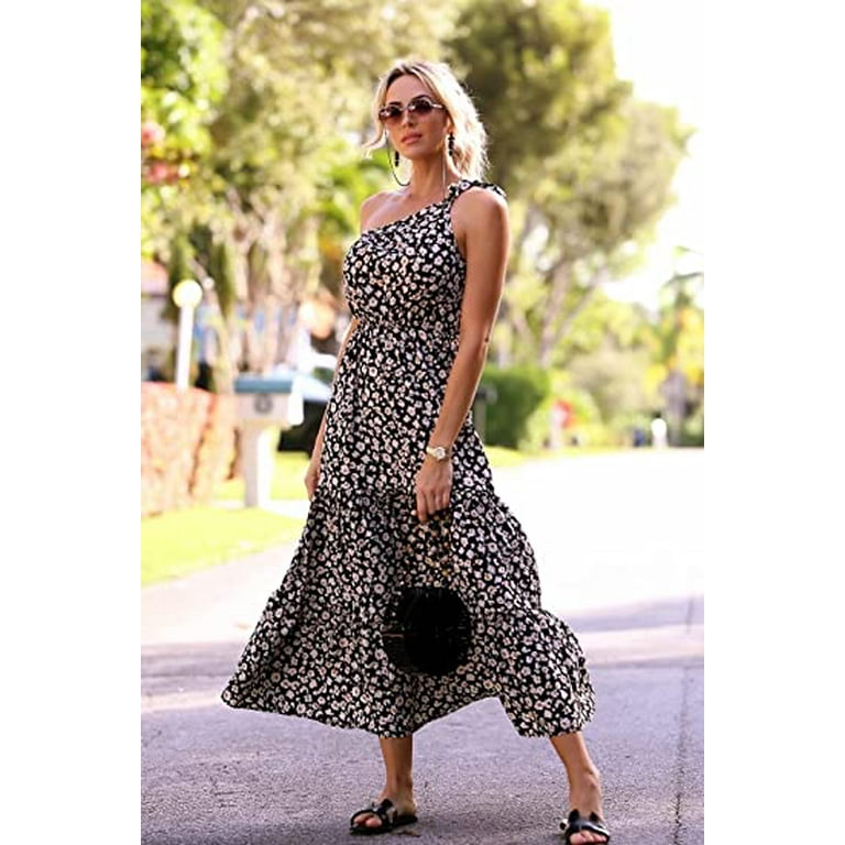 Women's Summer Floral Dress One Shoulder Sleeveless Knot Ruffled