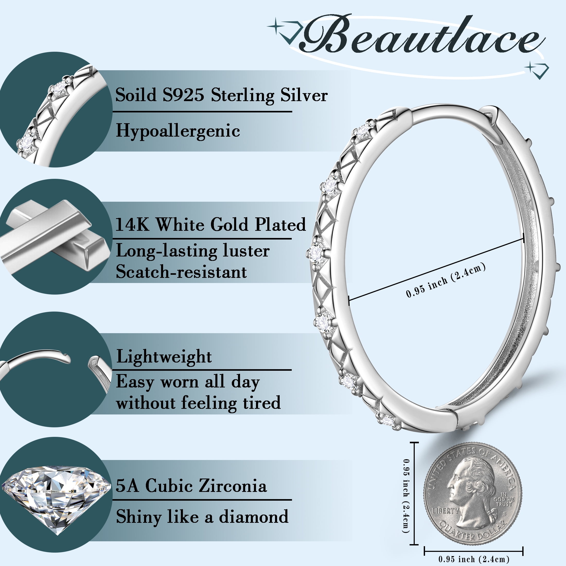 Beautlace 14K White Gold over 925 Sterling Silver Hoop Earrings for Women, 24mm Filigree Design with 5A Cubic Zirconia Earrings Hoops Christmas Birthday Jewelry Gift for Her