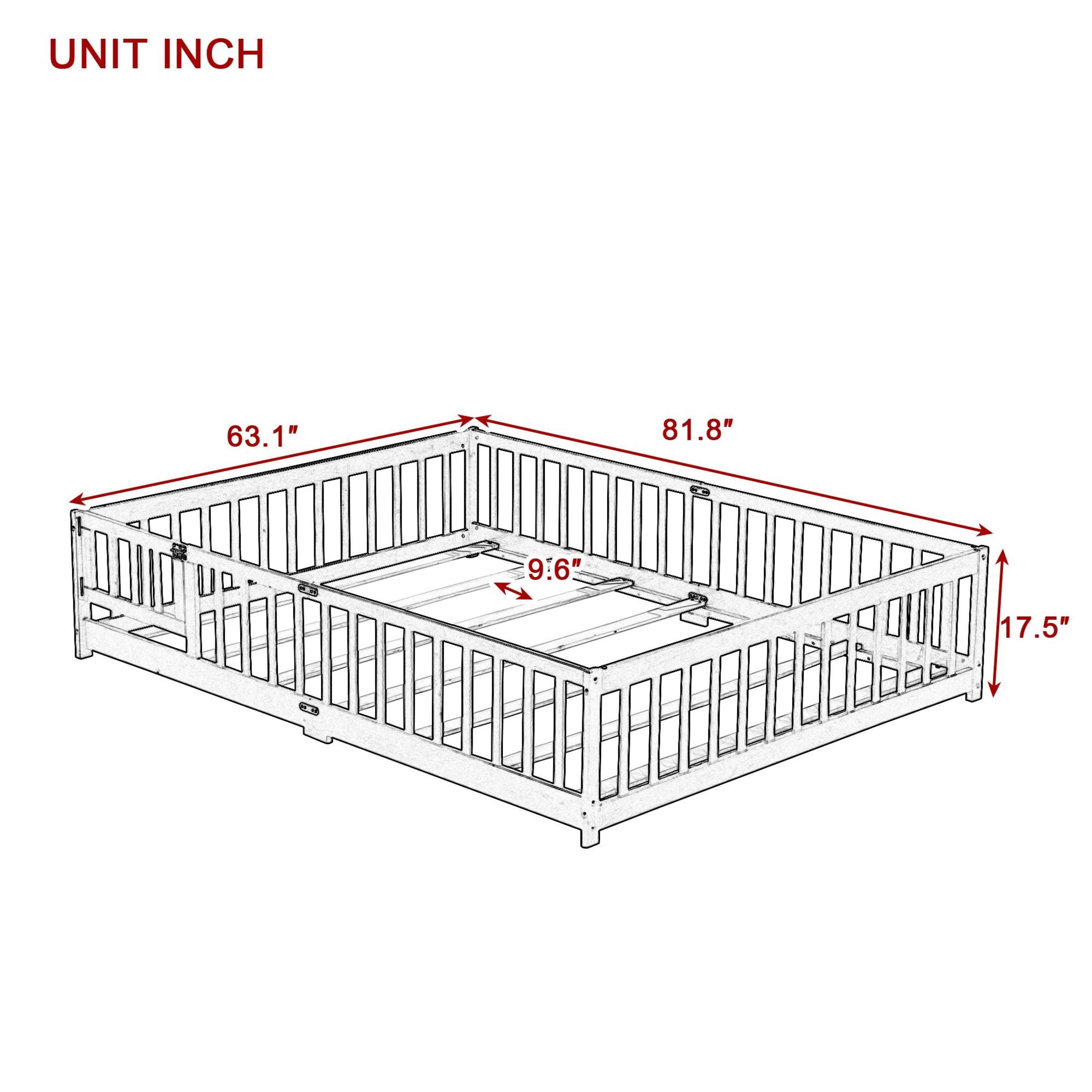 Noble House Queen Size Floor Bed, Solid Rubber Wood Frame with Fence, Door, Guardrails & Slat Support, Espresso