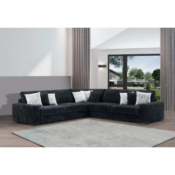 Modern Living Room L-Shaped Sectional Sofa with 9 Throw Pillows, Black
