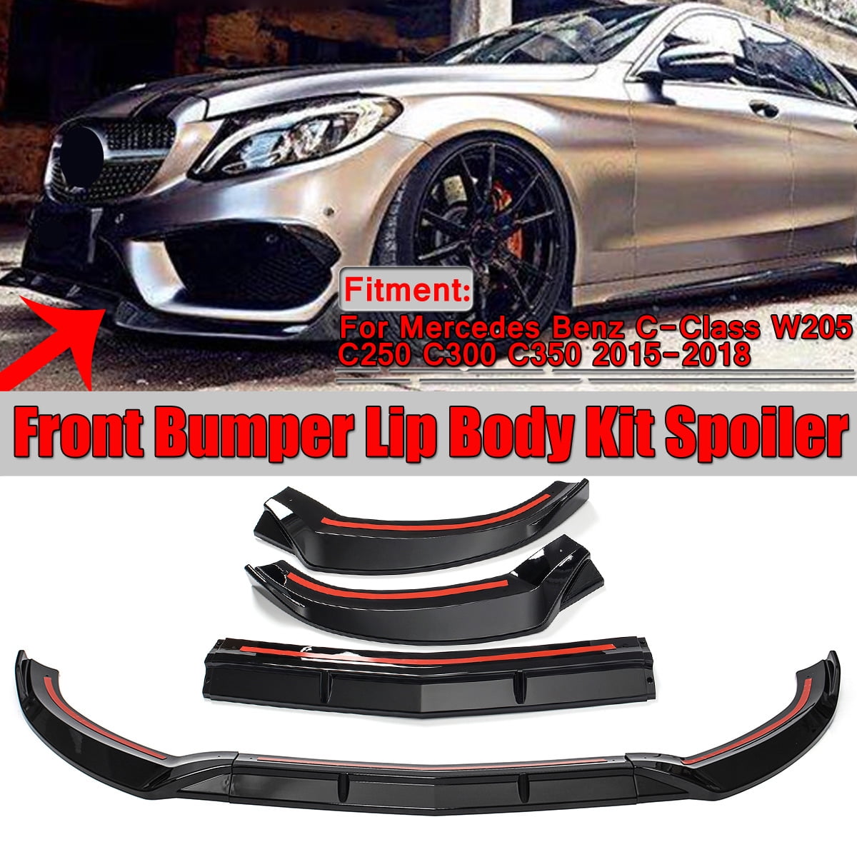 1 set Front Bumper Lip Body Kit Spoiler（Including Accessories）, For C-Class W205 C250 C300 C350 2015-2018 - Walmart.com