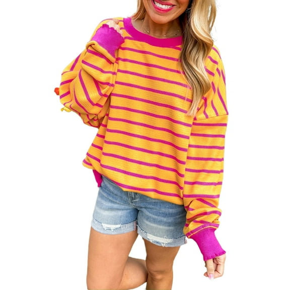 Women's Orange Striped Round Neck Drop Shoulder Loose Sweater