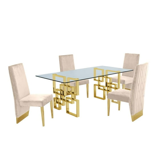 Rectangular Clear Glass 5pc Dining Set with Gold Stainless Steel Base