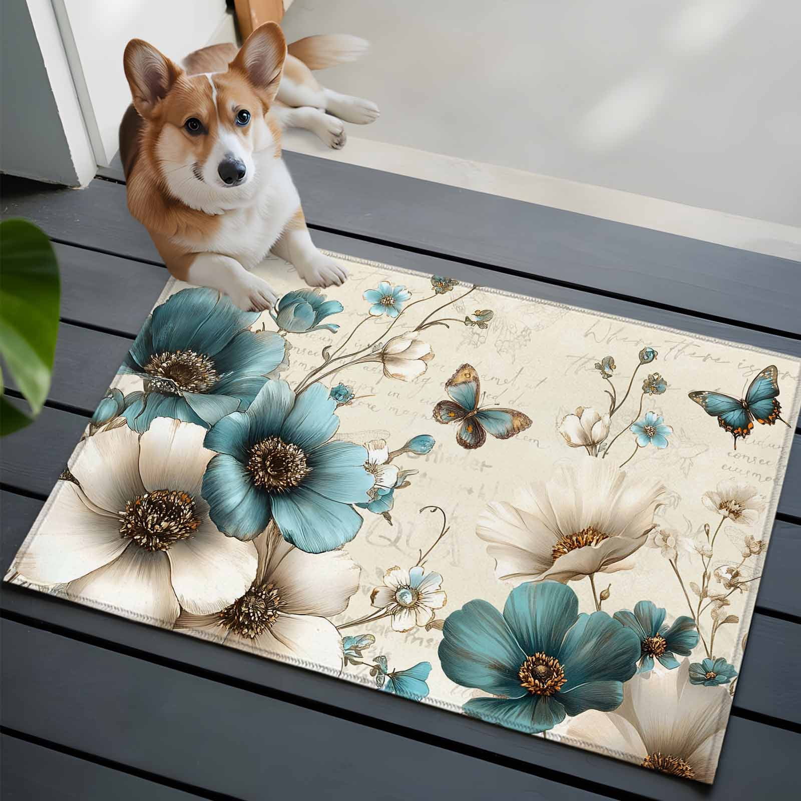 Teal Tulip Butterfly Entryway Rug 2'x3'&nbsp; Non Slip Front Door Mats, Turquoise Floral Farmhouse Beige Entrance Rugs Indoor Outdoor Carpet, Washable Floor Mats Small Area Rug for Bedroom Kitchen