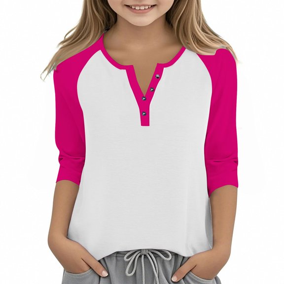 Atogsazn Kids Girls V Neck Shirt Children Button Down 3/4 Sleeve Pullover Looser Fit Blouse Clothes Tops 02-Hot Pink 13-14 Years Fashion