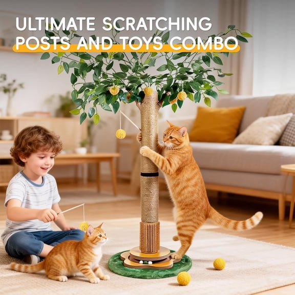 Tall Cat Scratching Post 45 Inch – Heavy Duty Sisal Cat Scratcher for Large Indoor Cats, Stable Base with Hanging Toys & Self Grooming Brush
