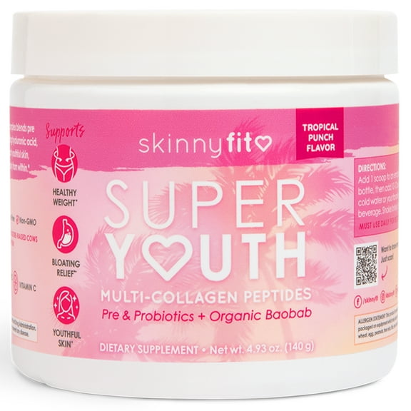 SkinnyFit Super Youth Collagen, Multi Collagen Peptides Powder, Probiotics, Fiber, Hyaluronic Acid, Anti-Aging, Gut Health Support, NON GMO, Gluten Free, Sugar Free, Tropical Punch Flavor, 14 Serving