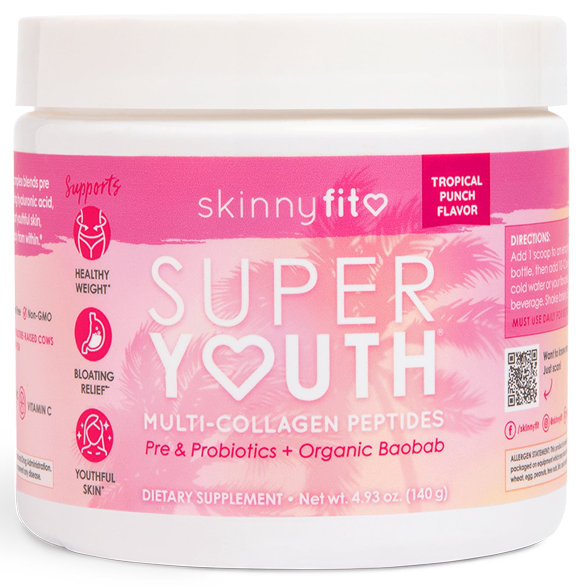SkinnyFit Super Youth Collagen with Probiotics & Hyaluronic Acid for Anti-Aging & Gut Health, Tropical Punch Flavor, 14 Servings