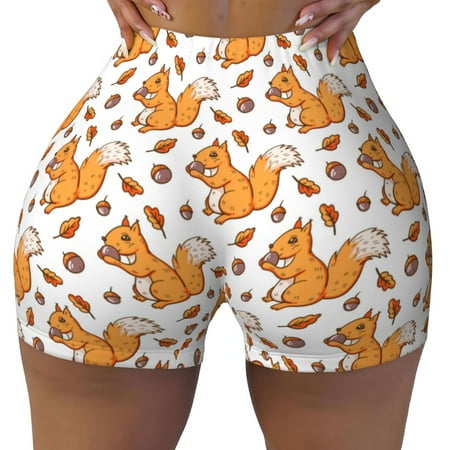 Workout Shorts Women  Playful Squirrel Autumn Biker Shorts for Women Running Gym Spandex Shorts Tummy Control