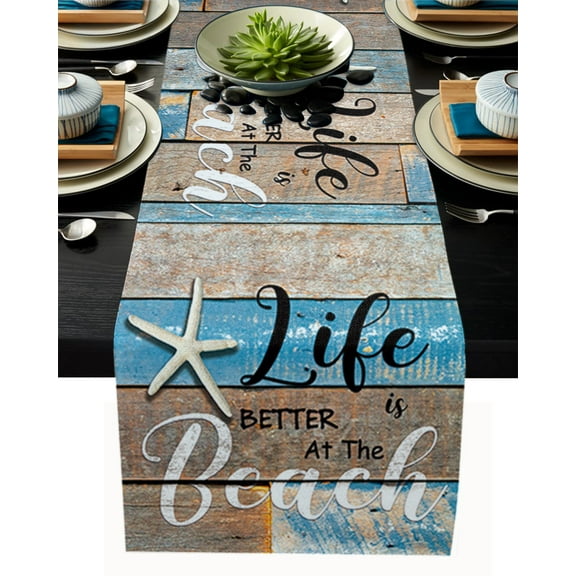 Table Runner Dresser Scarves 90 Inch Long, Beach Life with Starfish Linen Dining Table Runners Vintage Wooden Plank Tabletop Scarf for Wedding Holiday Party Kitchen