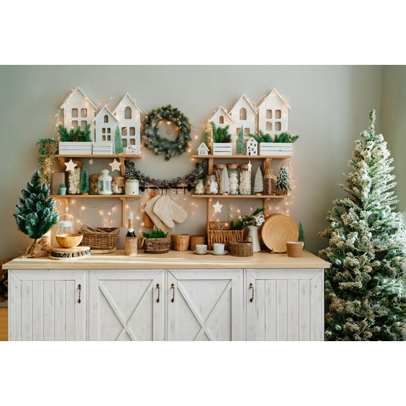Mehofond Christmas Kitchen Backdrop Kitchenware Cabinet Family Xmas Tree Party Baby Portrait Photography Background Photo Studio