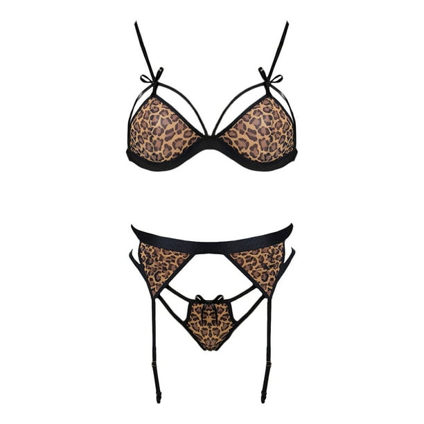 Lace Trim Leopard Lingerie Set, Hollow Out Push Up Bra & Garter Belt Thong,  Women's Sexy Lingerie & Underwear