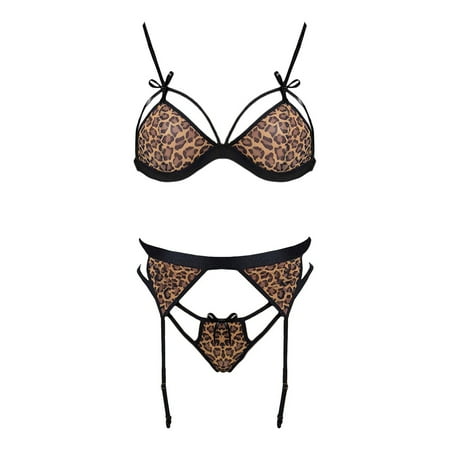 Upioiwer Bra And Panty Set Sports Bras For Women Pack Womens Sexy Leopard Wireless Bra Lingerie Set Thong With Garter Collar Sleepwear Womens Lingerie Set Crotchless Thong Tracksuit Womens Lingerie