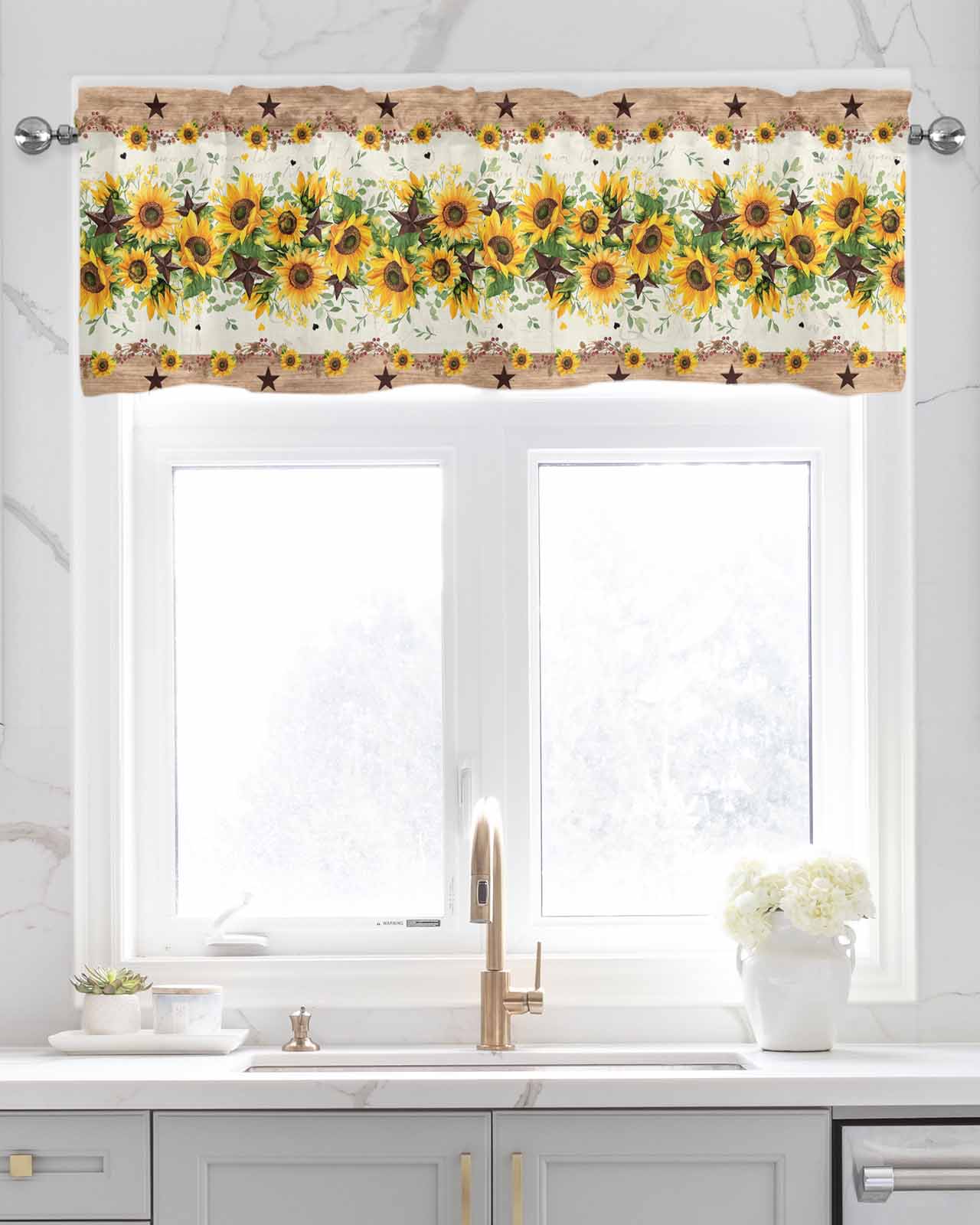 Yellow Sunflower Kitchen Valances for Windows Farmhouse Linen Window Valance Curtain for Living Room Window Treatment Green Leaves Wood Country Vintage Valance Rod Pocket Topper Drape, 54 x 18 Inch