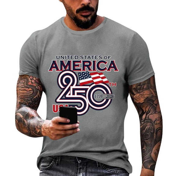 LNZGNM Patriotic Shirts for Men American Flag Crewneck T-Shirt Stylish 250 Anniversary USA Short Sleeve Shirt Outdoor Tee Shirts,Gray L