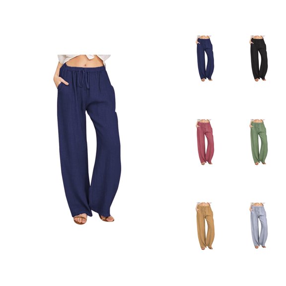 Women's Casual Pants Wide Leg Long Drawstring Elastic Solid Linen Trousers for Comfortable Everyday Wear