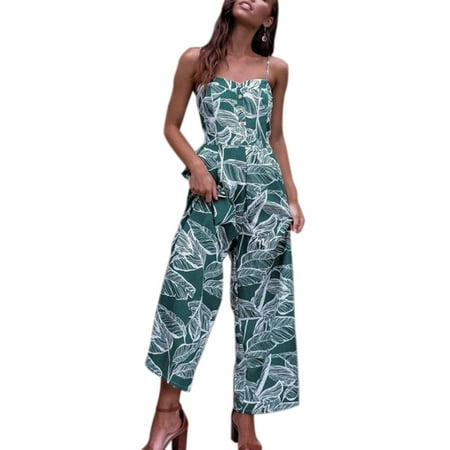 Sexydance - Women Strappy Leaf Print Jumpsuit Rompers Dress Loose Pants ...