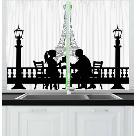 Na Front Panel - Romantic Curtains 2 Panels Set, Couple Having a Romantic Dinner in front of the Eiffel Tower Capital of Love, Window Drapes for Living Room Bedroom, 55W X 39L Inches, Black White, by Ambesonne