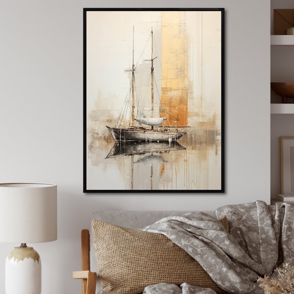 Designart "Minimalist Gold And Grey Fishing Boat II" Boat Fishing Floater Framed Canvas Wall Art