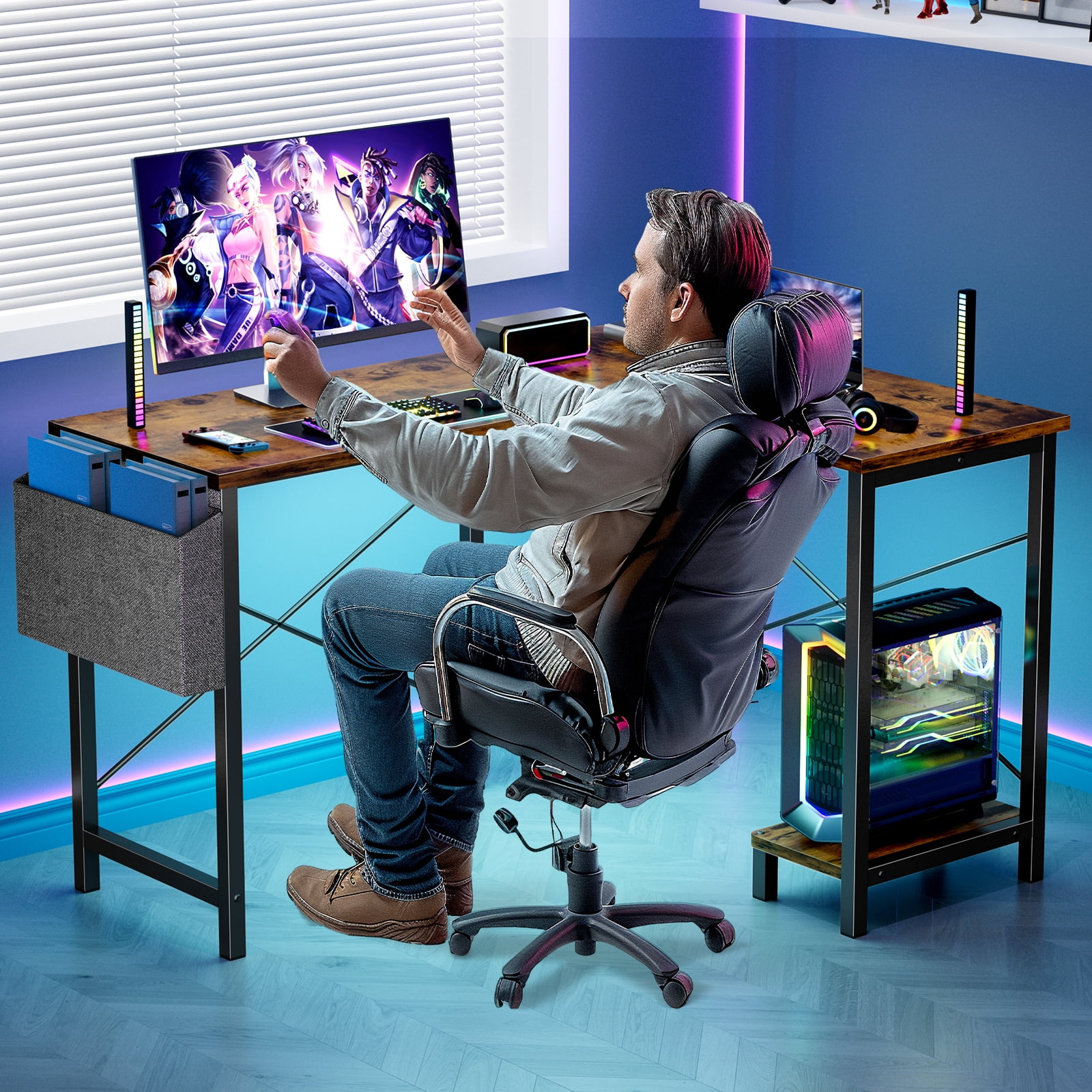 CONCETTA L Shaped Gaming Desk with Wooden Desktop CPU Stand Side Bag Reversible for Home Office Small Space, Rustic Brown