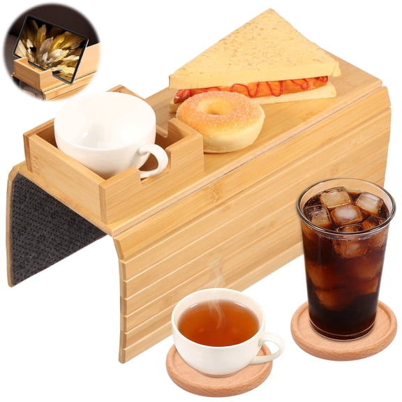 Sofa Arm Tray, Couch Cup Holder and Foldable Armrest Organizer with Anti-Slip Pad, Wooden Clip-On Couch Desk for Snacks and Drinks