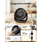 Warmco Small USB Desk Fan with Touch Control, Plug-in Personal Fan, Black