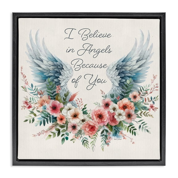 Stupell Industries French Country Floral Believe In Angels Black Floating Frame Canvas Art, 18 x 18, by Nicole DeCamp