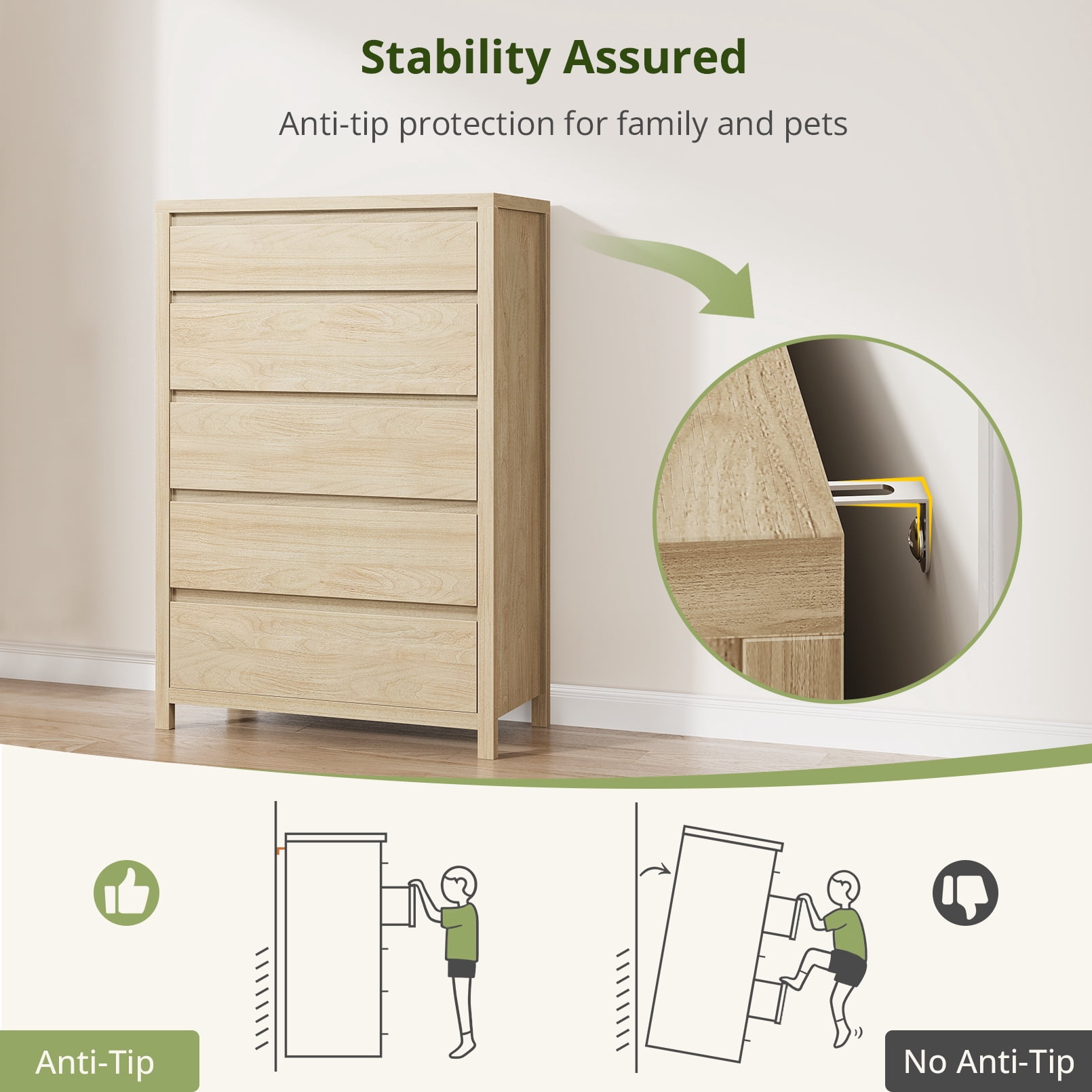 5 Drawer Dresser for Bedroom, 48" Tall Wooden Closet Dresser with Smooth Drawer, Large Tall Dressers & Chests of Drawers for Bedroom Living Room, oak