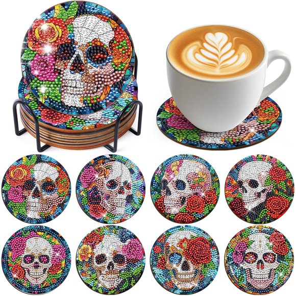 shiyou-Skull Diamond Art Coasters - 8 Pcs Sugar Skull Floral Diamond Painting Coasters, 3D Rhinestone Gem Art Craft Kit for Adult Women