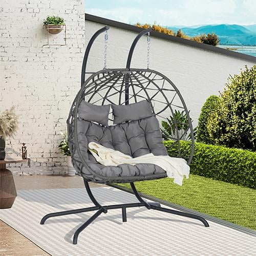 SEGMART 2 Person Indoor Outdoor Swing Chair with Stand Cushion Pillow Foldable Wicker Rattan Dark Gray Walmart