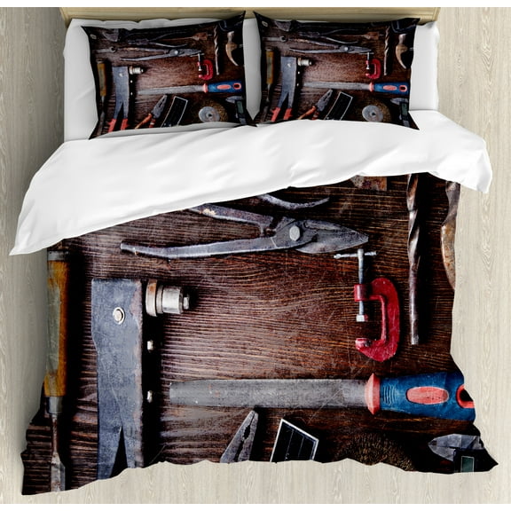 Industrial Duvet Cover Set Queen Size, Crafting Equipment with Obsolete Dusty Mechanic Tools of a Carpenter Pattern, Decorative 3 Piece Bedding Set with 2 Pillow Shams, Multicolor, by Ambesonne