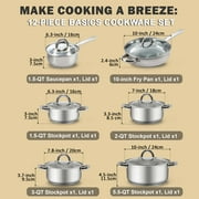 Cook N Home Basics Stainless Steel Cookware Set - Includes Saucepan, Stockpots, Frying Pan with Glass Lids, 12-Piece