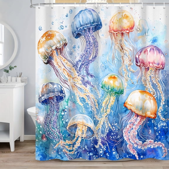 MIZHONA Ocean Jellyfish Shower Curtain Coastal Fantasy Sea Fabric Bathroom Curtain Blue 72x72 in