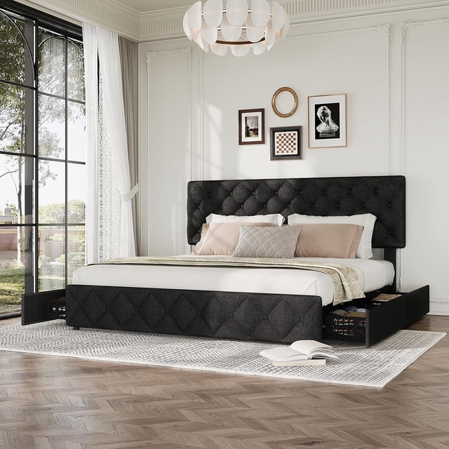 GARVEE Full Size Bed Frame, with 4 Storage Drawers & Adjustable Headboard, Black