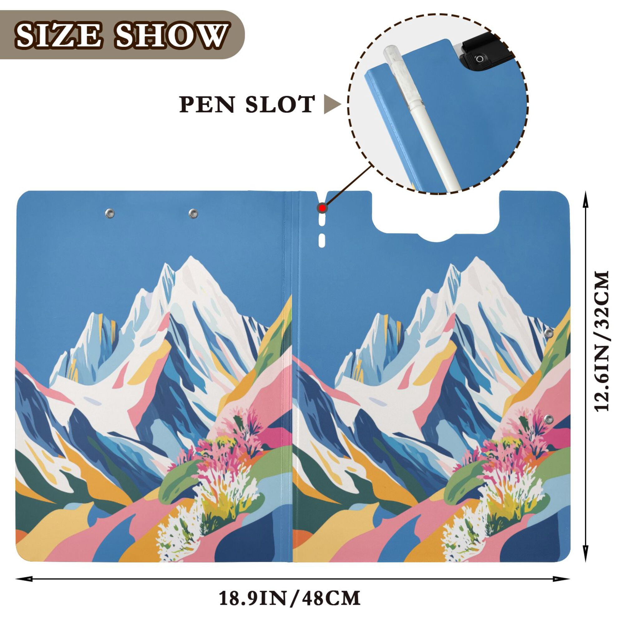 FORMRS A4 Clipboard Folder with Pen Holder Horizontal Foldable School Office Binder, Abstract Snow Mountain