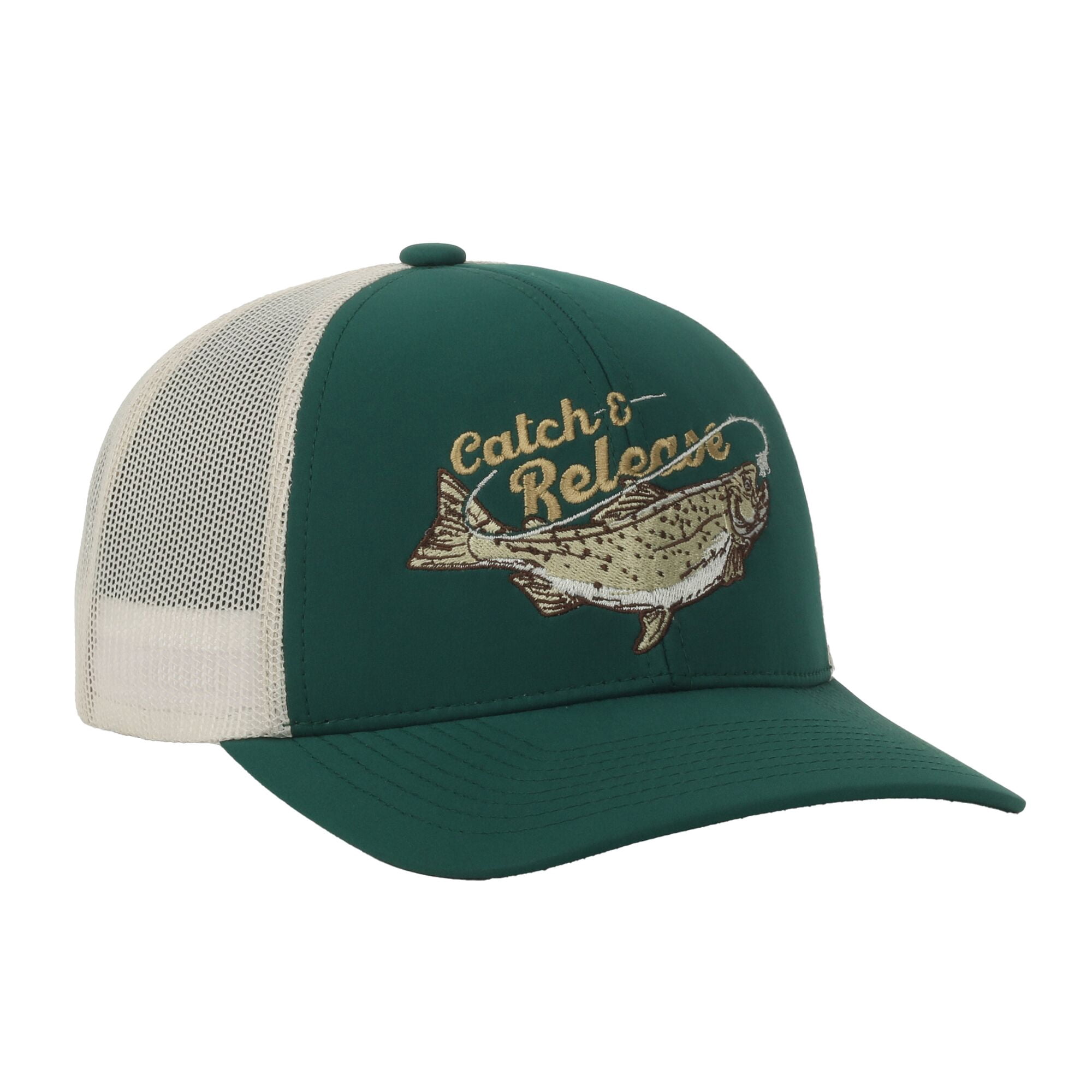 Green/Putty Trout 5-Panel Fishing Cap – Structured, Embroidered, Snapback, One Size