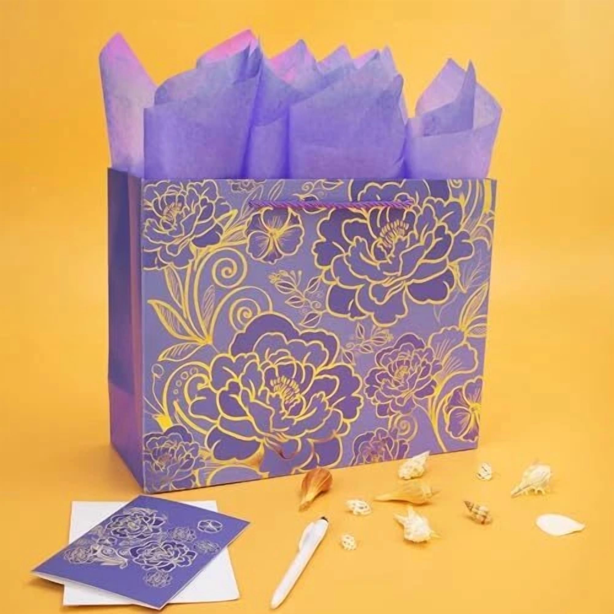 BUTTERFLY- 13" Large Rose Purple Gift Bag Set With Greeting Card And Tissue Paper For