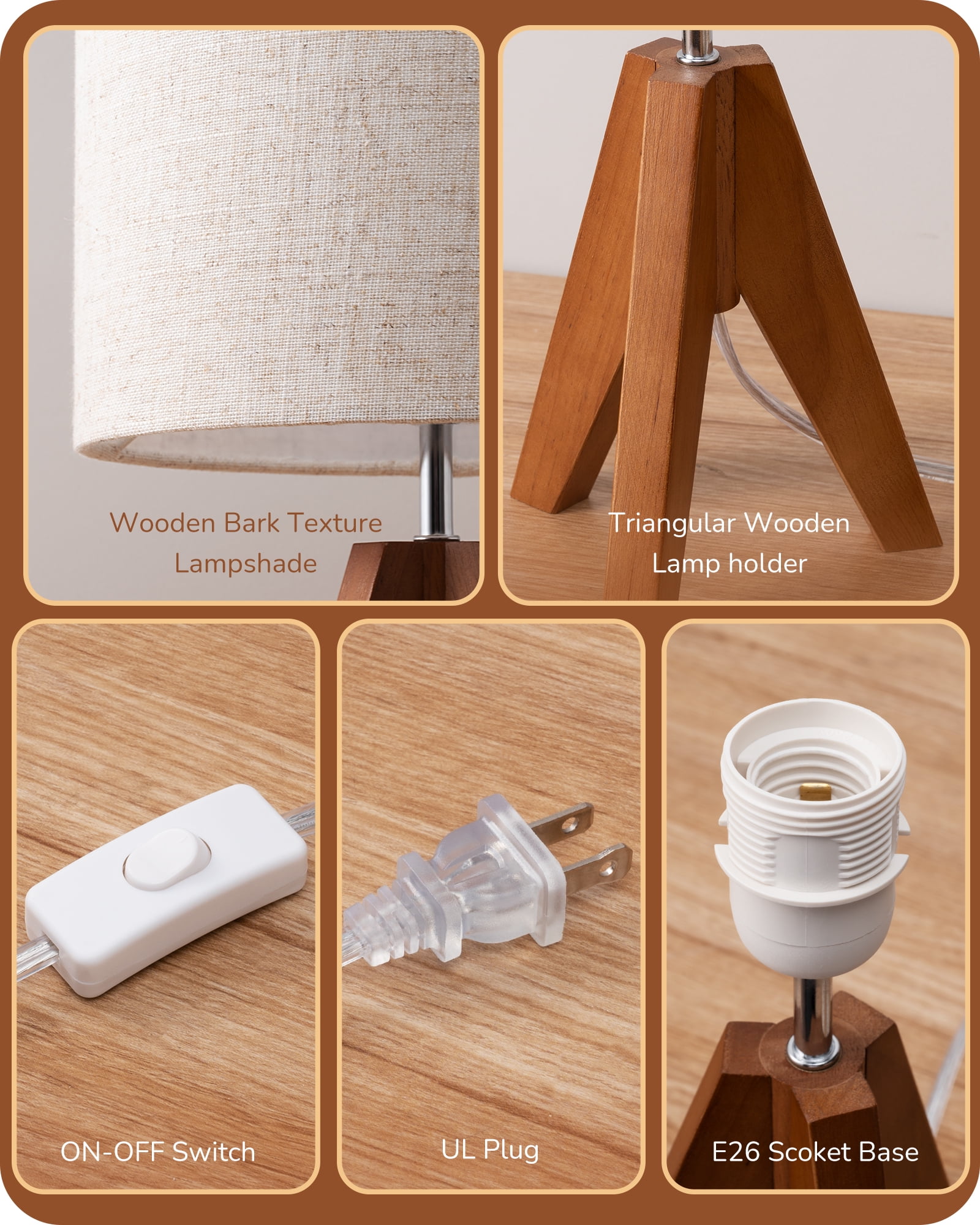 EDISHINE Small Bedside Table Lamp, Geometric Modern Wood Tripod Nightstand Lamp with Soft Light-14.2 inch